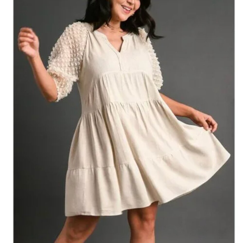 Umgee Rae Lynn Oatmeal Lace Sleeve Dress Romantic Cottagecore Babydoll Lagenlook